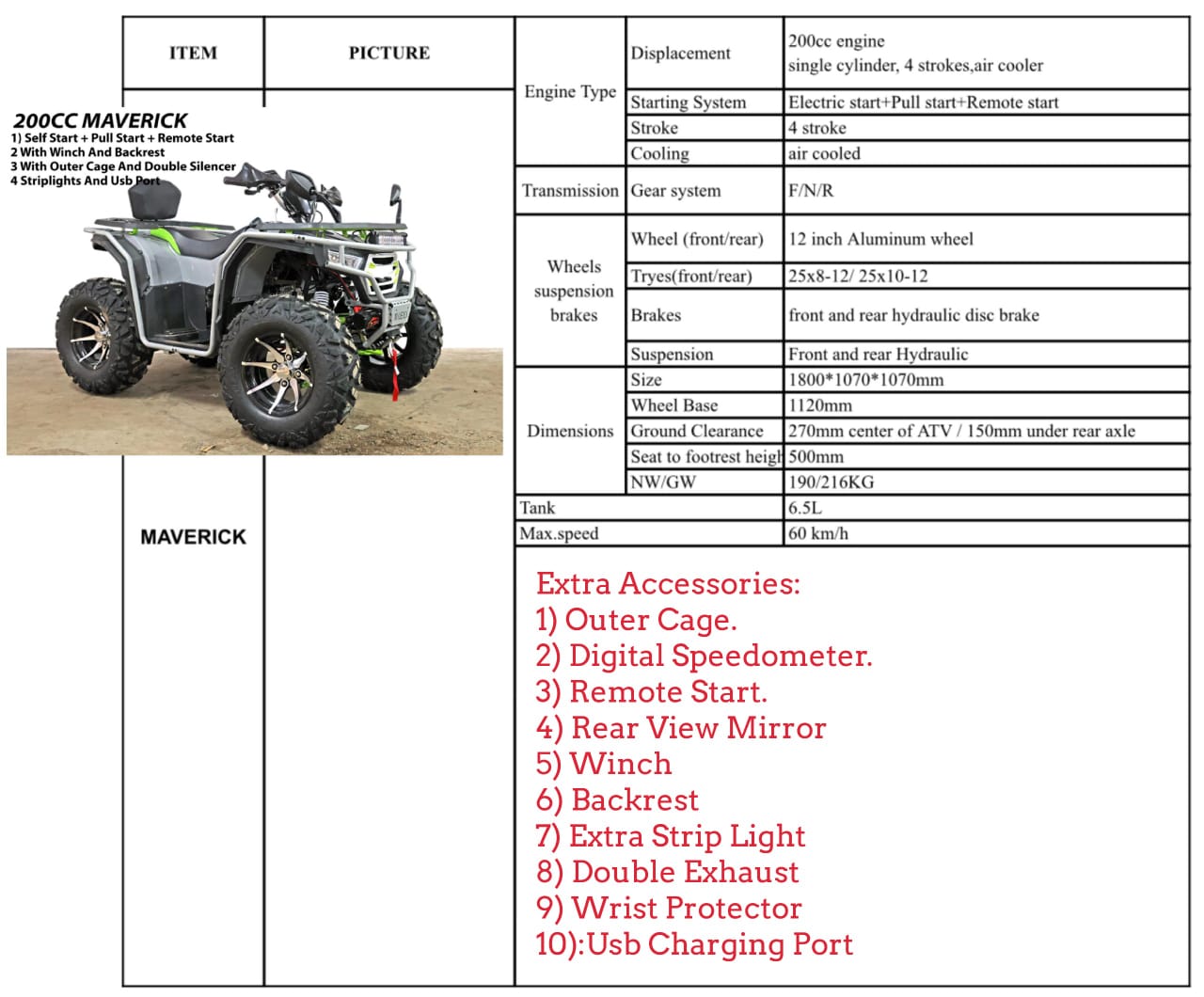 200CC MAVERICK ATV 4 Stroke Petrol Engine Automatic Transmission (Quad Bike) Off-Road ATV - 12 to 100 years old - NO RETURNS