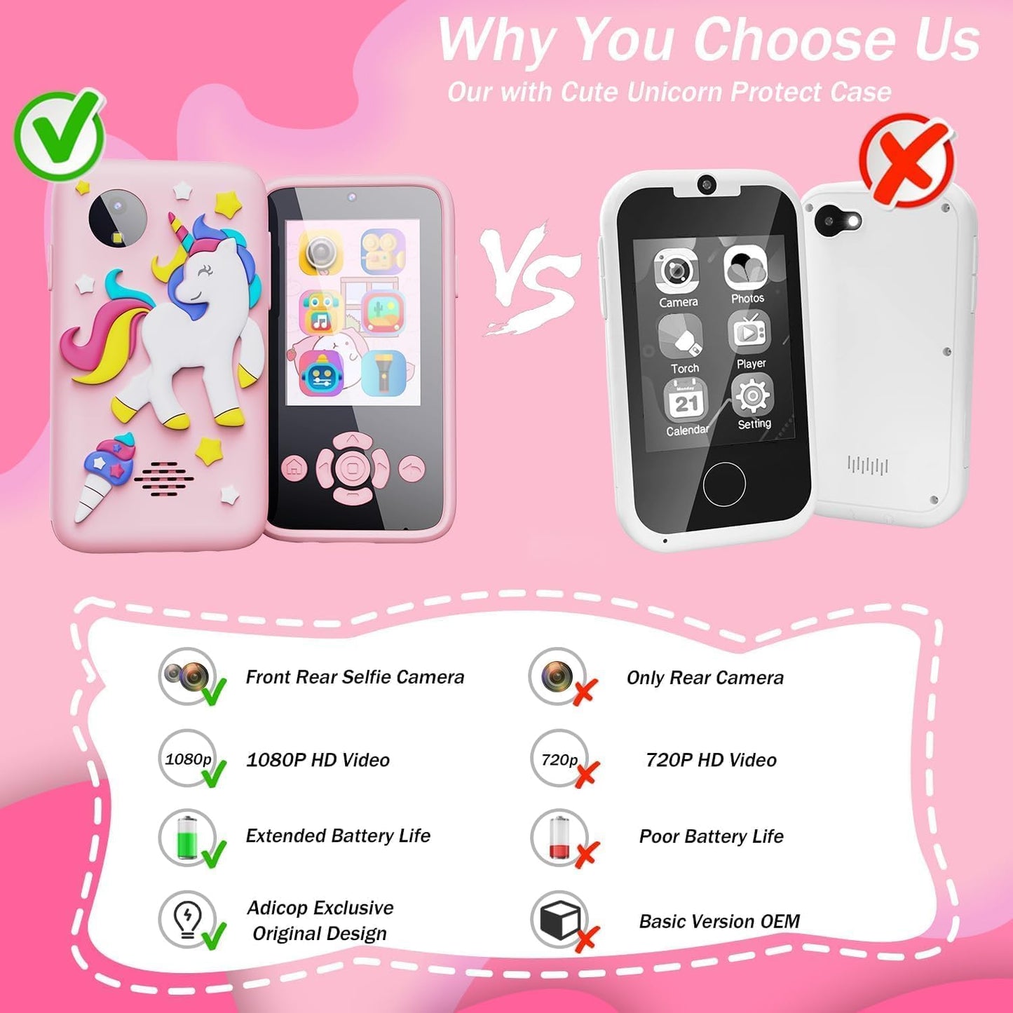 Kids Smart Phone for Girls, Christmas Birthday Gifts for Girls Age 3-10 Kids Toys Cell Phone, 2.8" Touchscreen Toddler Learning Play Toy Phone with Dual Camera, Game (Multi) (Pink)