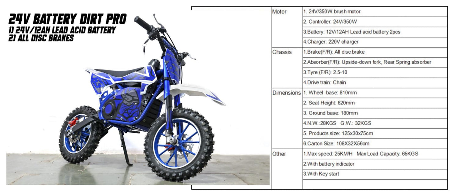 24v 350w Electric Dirt Bike - Self Start - 6 to 12 years