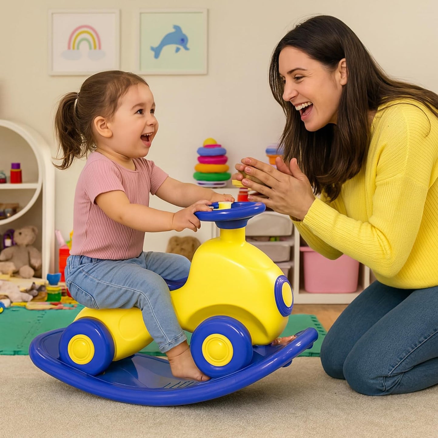 Kids Royal Ride on Push Car 3-in-1 Ride-On Rocker for Kids Rocker & Ride-On Toy Balance Board Smooth Rounded Edges Steering Wheel Indoor Toy for 12+ Months | 1 Month Warranty | HORSE - L 81 × W 32 × H 47 cm