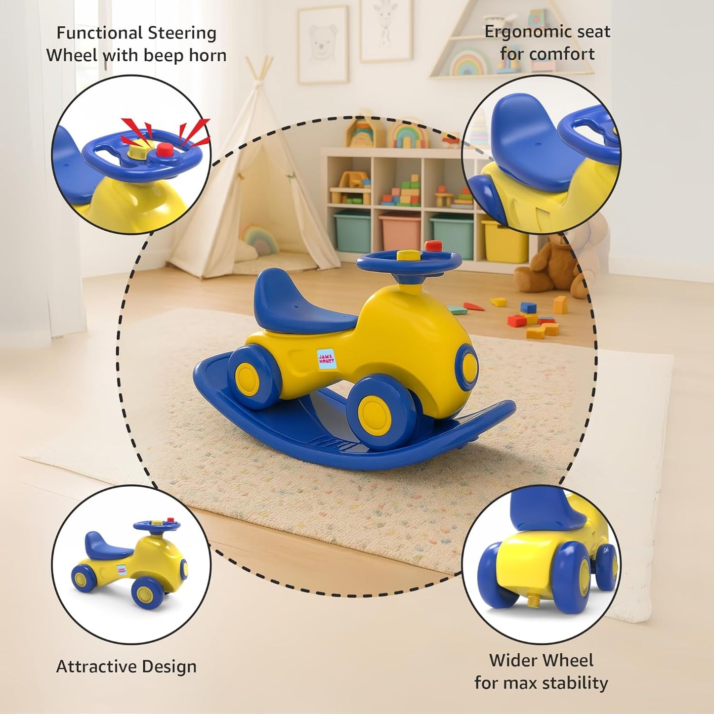 Kids Royal Ride on Push Car 3-in-1 Ride-On Rocker for Kids Rocker & Ride-On Toy Balance Board Smooth Rounded Edges Steering Wheel Indoor Toy for 12+ Months | 1 Month Warranty | HORSE - L 81 × W 32 × H 47 cm