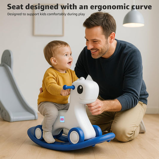 HORSE 3-in-1 Baby Push On Ride On Rocker for Kids | Balancing Board | Backrest | Easy Grip | Four Wheel | Durable and Safe | Lightweight | Animal Theme | 12 Months+ | Blue & Grey | 1 Month Warranty | 1 to 5 Years old | HORSE - L 71 × W 31 × H 47 cm