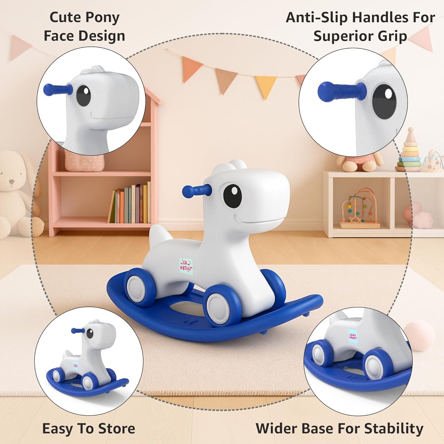 HORSE 3-in-1 Baby Push On Ride On Rocker for Kids | Balancing Board | Backrest | Easy Grip | Four Wheel | Durable and Safe | Lightweight | Animal Theme | 12 Months+ | Blue & Grey | 1 Month Warranty | 1 to 5 Years old | HORSE - L 71 × W 31 × H 47 cm