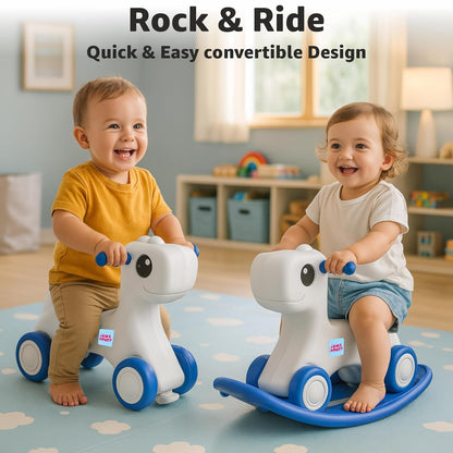 HORSE 3-in-1 Baby Push On Ride On Rocker for Kids | Balancing Board | Backrest | Easy Grip | Four Wheel | Durable and Safe | Lightweight | Animal Theme | 12 Months+ | Blue & Grey | 1 Month Warranty | 1 to 5 Years old | HORSE - L 71 × W 31 × H 47 cm
