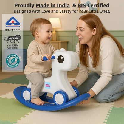 HORSE 3-in-1 Baby Push On Ride On Rocker for Kids | Balancing Board | Backrest | Easy Grip | Four Wheel | Durable and Safe | Lightweight | Animal Theme | 12 Months+ | Blue & Grey | 1 Month Warranty | 1 to 5 Years old | HORSE - L 71 × W 31 × H 47 cm