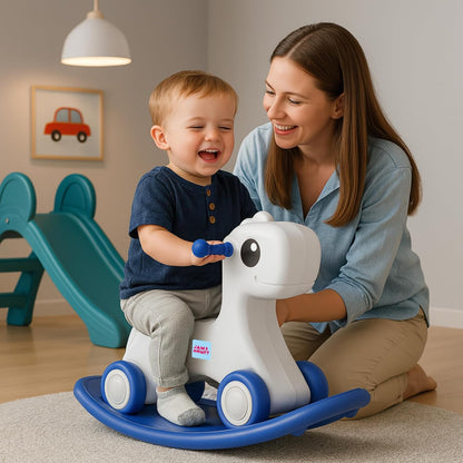 HORSE 3-in-1 Baby Push On Ride On Rocker for Kids | Balancing Board | Backrest | Easy Grip | Four Wheel | Durable and Safe | Lightweight | Animal Theme | 12 Months+ | Blue & Grey | 1 Month Warranty | 1 to 5 Years old | HORSE - L 71 × W 31 × H 47 cm