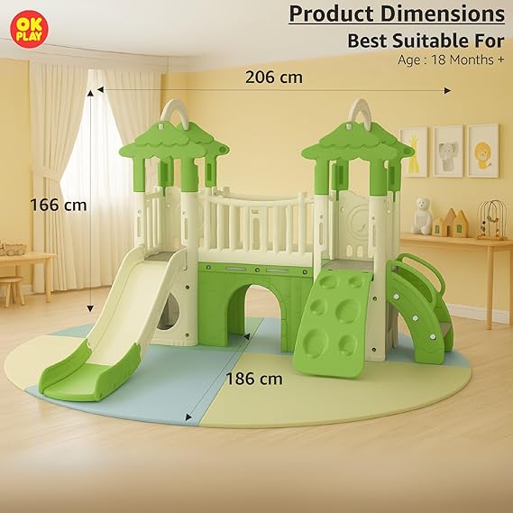 Little Tree House Playground Playset | with Slide, Climber, Basketball Hoop for Kids | Perfect for Home & School Modern Design | Indoor & Outdoor Use | Large | Green & White | 1 Month Warranty | 1 to 5 years | Little Tree House - L 206 × W 186 × H 166 Cm
