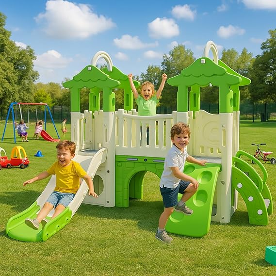 Little Tree House Playground Playset | with Slide, Climber, Basketball Hoop for Kids | Perfect for Home & School Modern Design | Indoor & Outdoor Use | Large | Green & White | 1 Month Warranty | 1 to 5 years | Little Tree House - L 206 × W 186 × H 166 Cm