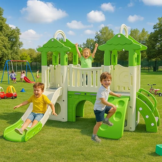 Little Tree House Playground Playset | with Slide, Climber, Basketball Hoop for Kids | Perfect for Home & School Modern Design | Indoor & Outdoor Use | Large | Green & White | 1 Month Warranty | 1 to 5 years | Little Tree House - L 206 × W 186 × H 166 Cm