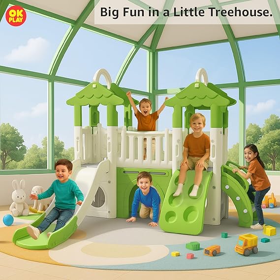 Little Tree House Playground Playset | with Slide, Climber, Basketball Hoop for Kids | Perfect for Home & School Modern Design | Indoor & Outdoor Use | Large | Green & White | 1 Month Warranty | 1 to 5 years | Little Tree House - L 206 × W 186 × H 166 Cm