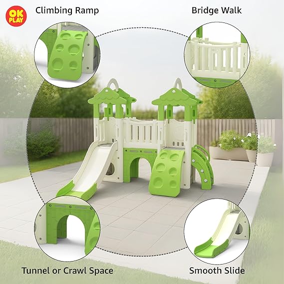 Little Tree House Playground Playset | with Slide, Climber, Basketball Hoop for Kids | Perfect for Home & School Modern Design | Indoor & Outdoor Use | Large | Green & White | 1 Month Warranty | 1 to 5 years | Little Tree House - L 206 × W 186 × H 166 Cm